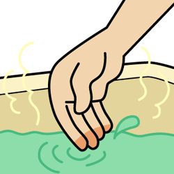 高温のお湯によるやけどを防ぐため、手で湯温を確認する